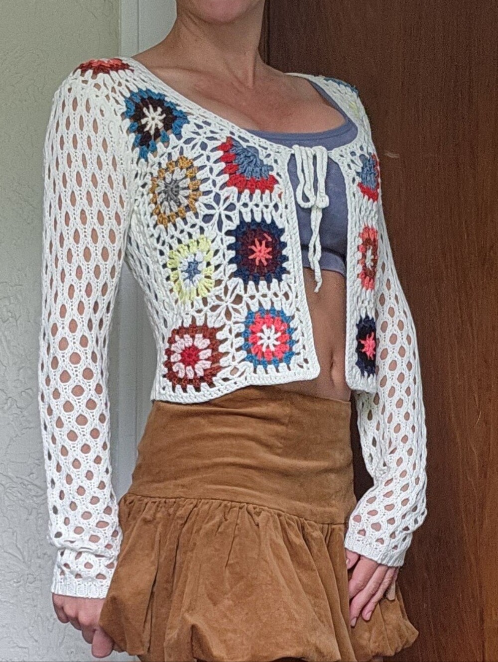 DEBUT Cream Tie-front Granny Squares Crochet Cardigan, Size Small